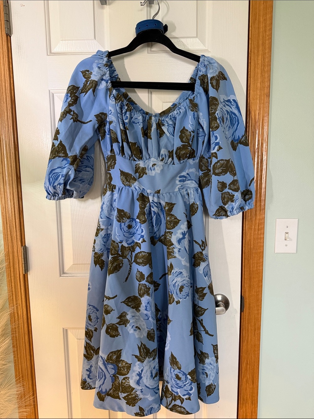 Vixen by Micheline Pitt Powder Blue Rose-Print Midi Dress